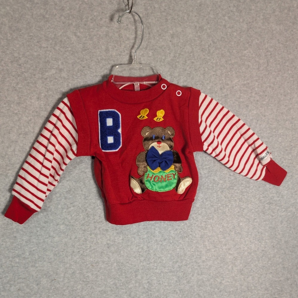 Vintage Giggles Baby Red Teddy Bear‎ Honey Sweatshirt 3/6 Months Striped Sleeves
